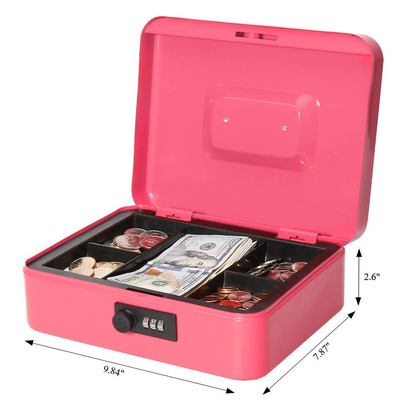 Jssmst Large Cash Box with Combination Lock - Durable Metal Cash Box with Money Tray Pink (9.8 x 7.9 x 3.5), SM-CB07004L, SM-CB014 - Image 3